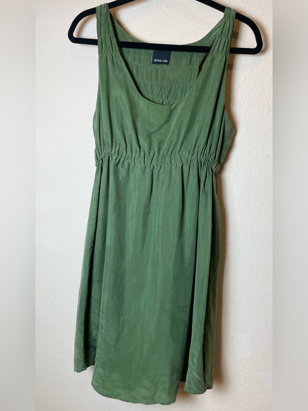 Dolce Vita 100% Silk Olive Green Sleeveless Gathered-Waist Mini Dress | Size XS - Picture 2 of 8